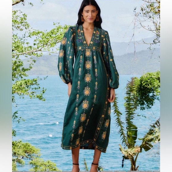 FARM Rio Dresses & Skirts - FARM Rio Pineapple Embroidered Green Linen Tunic Maxi Dress Size Large NWT